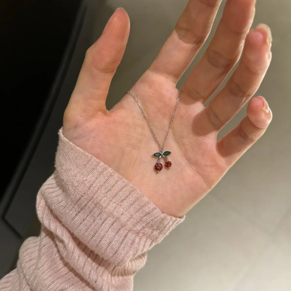 Silver Zircon Round Cut Cherry Pendant Necklace