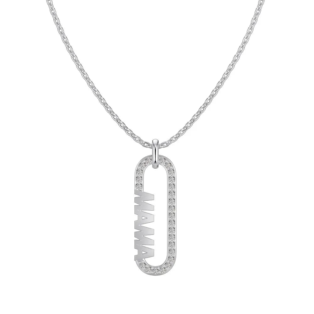 Silver Zircon Round Cut Sided Mama Bar Necklace