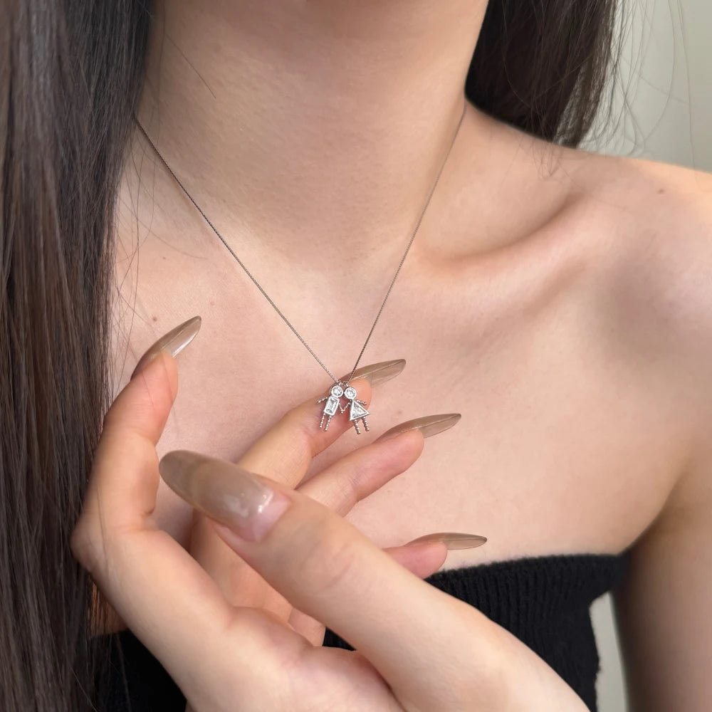 Silver Zircon Triangle Cut Girl & Boy Pendant Necklace