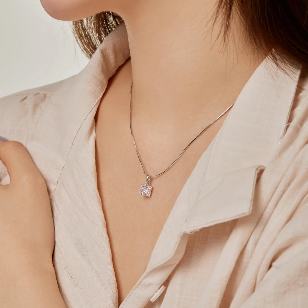 Silver Zircon Princess Cut Cube Pendant Necklace