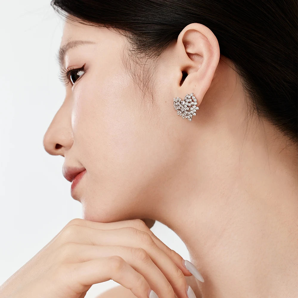 Silver Zircon Round Cut Spiked Heart Ear Studs