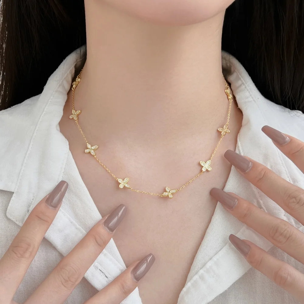 Silver Zircon Round Cut Butterfly Chain Necklace