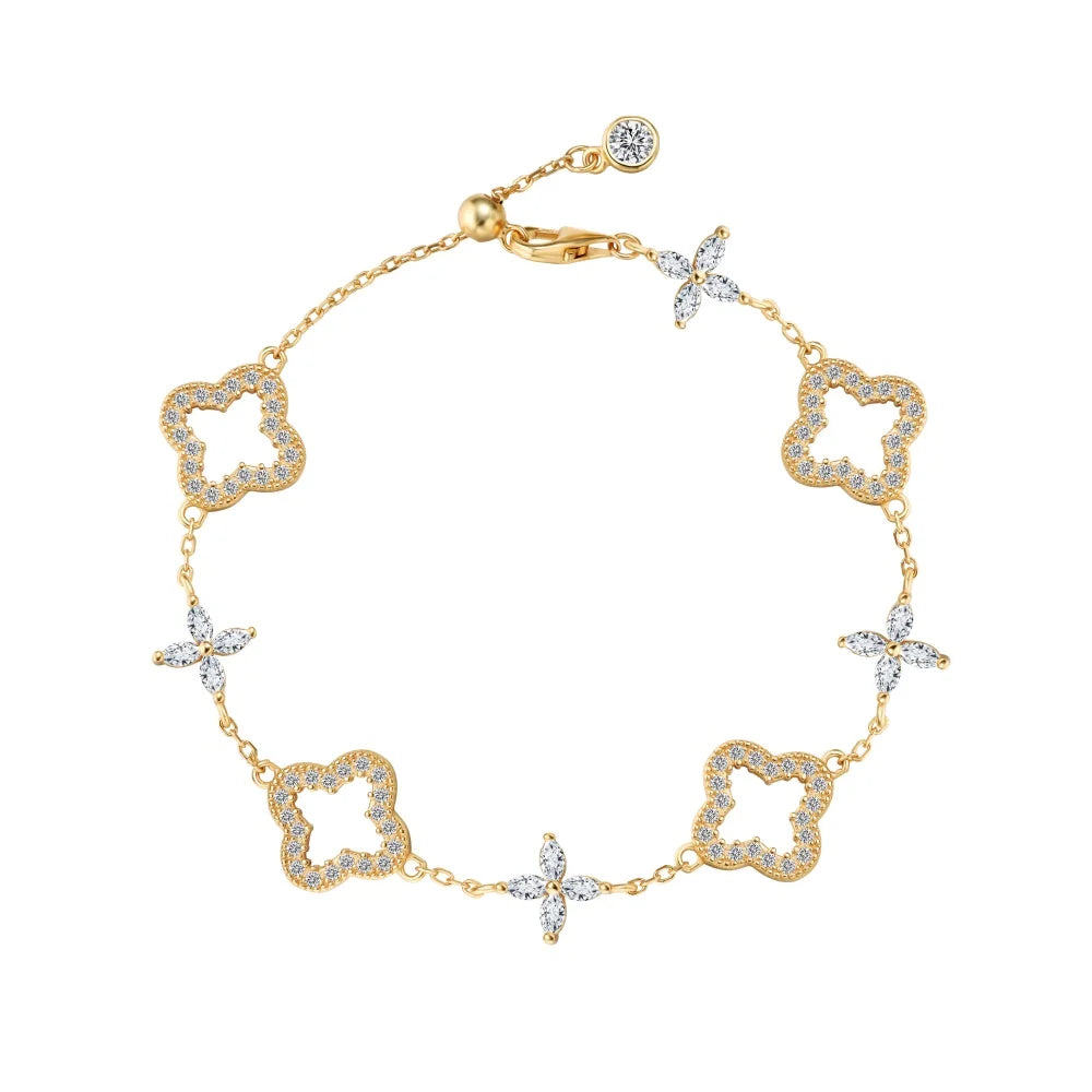 Silver Zircon Round Cut Hollow Inlaid Clover Charm Bracelet