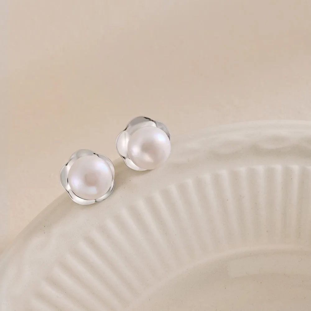 Silver Pearl Flower Ear Studs