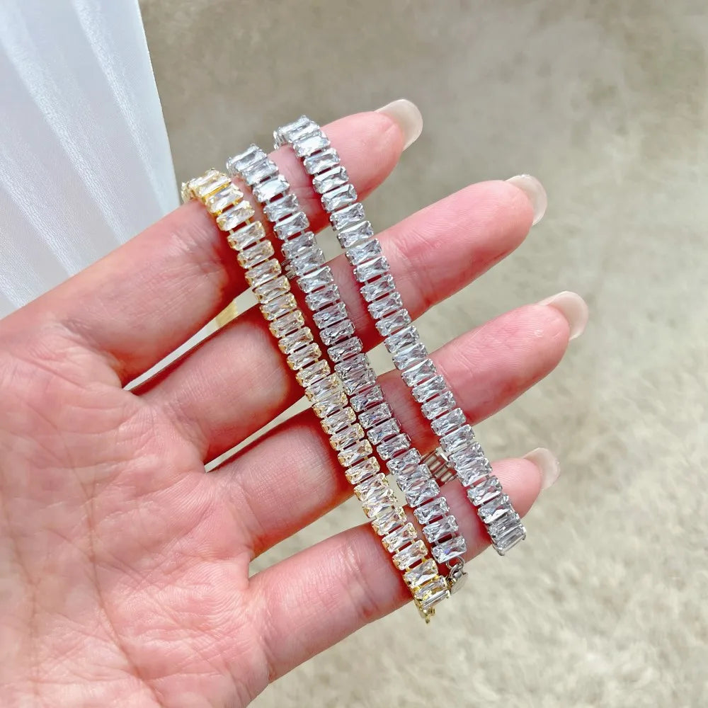 Silver Zircon Cushion Cut Rectangle Tennis Bracelet