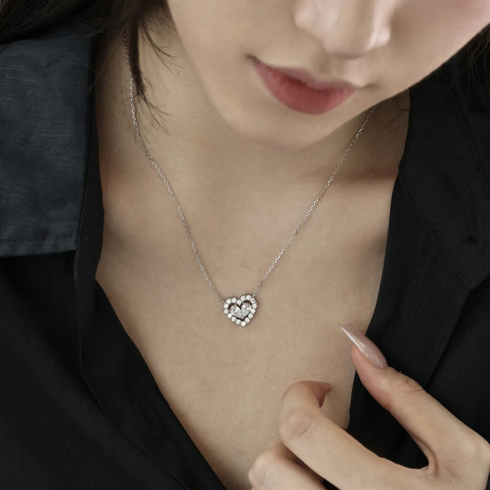 Silver Zircon Pear Cut Halo Heart Pendant Necklace