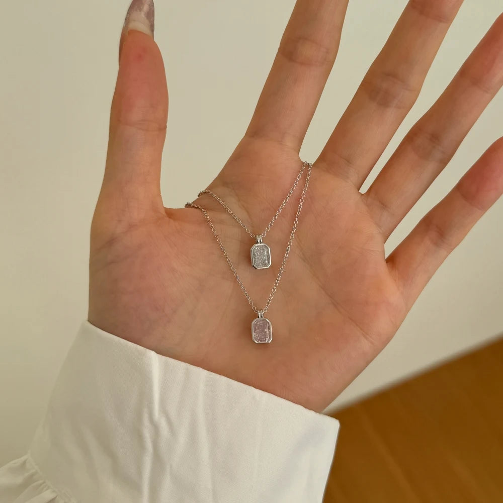 Silver Zircon Radiant Cut Side Single Pendant Necklace