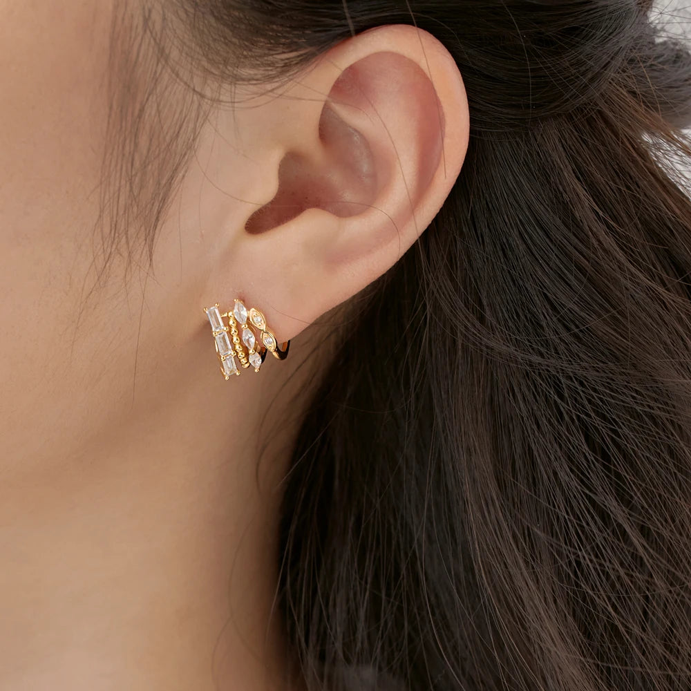 Silver Zircon Baguette Cut Multi Layer Huggie Earrings