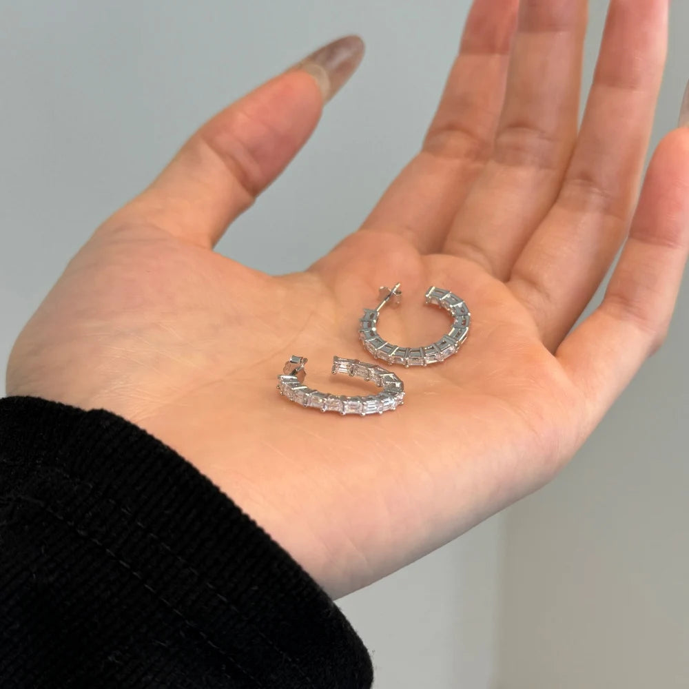 Silver Zircon Cushion Cut Hook Inlaid Ear Hoops