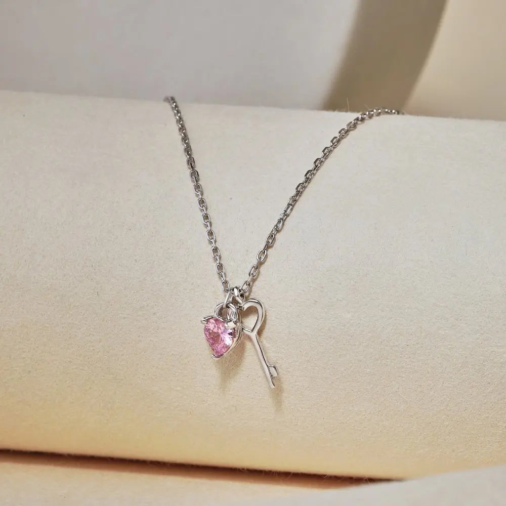 Silver Zircon Heart Cut Love Key Pendant Necklace