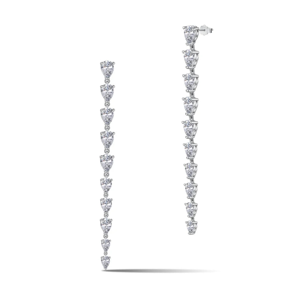 Silver Zircon Pear Cut Long Tear Tassel Drop Earrings