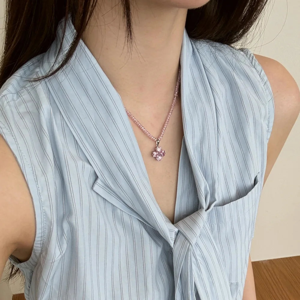 Silver Zircon Heart Cut 4 Leaf Clover Beaded Necklace