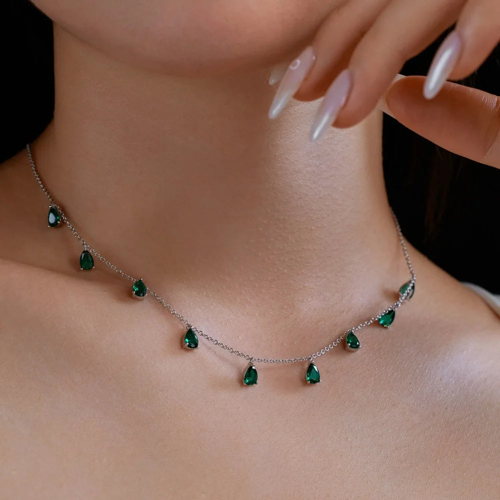 Silver Zircon Pear Cut Tassel Chain Necklace