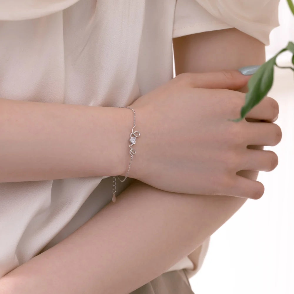 Silver Zircon Round Cut Love Chain Bracelet