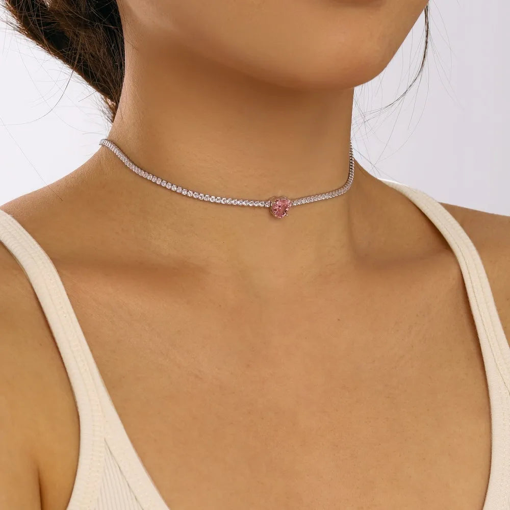 Silver Zircon Heart Cut Inlaid Layered Tennis Necklace