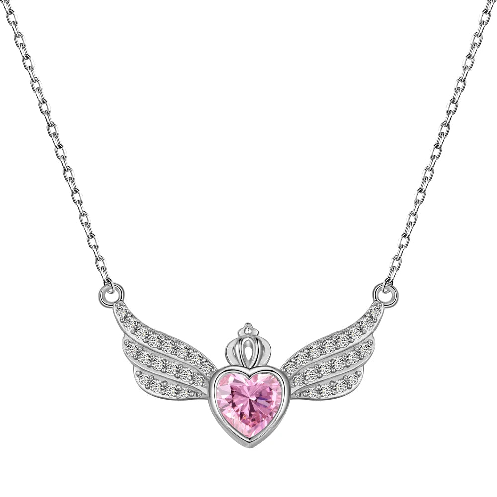 Silver Zircon Heart Cut Crown Wings Bar Necklace