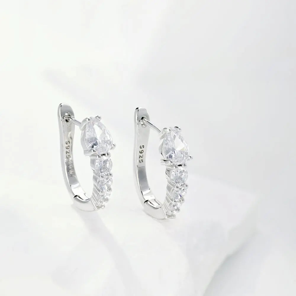 Silver Zircon Pear Cut Water Drop Ear Hoops