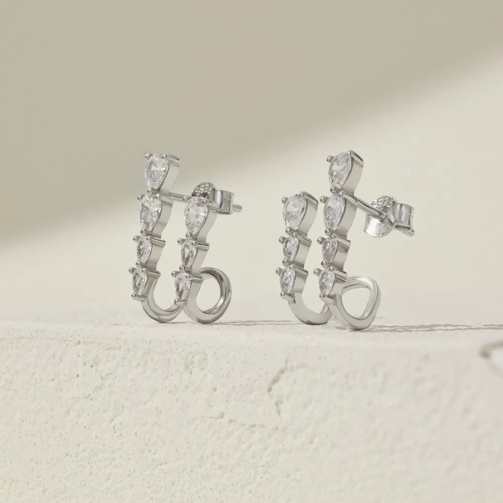 Silver Zircon Pear Cut Double Layer Ear Hoops