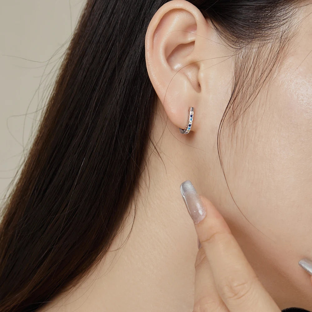 Silver Zircon Round Cut Inlaid Wrapped Huggie Earrings