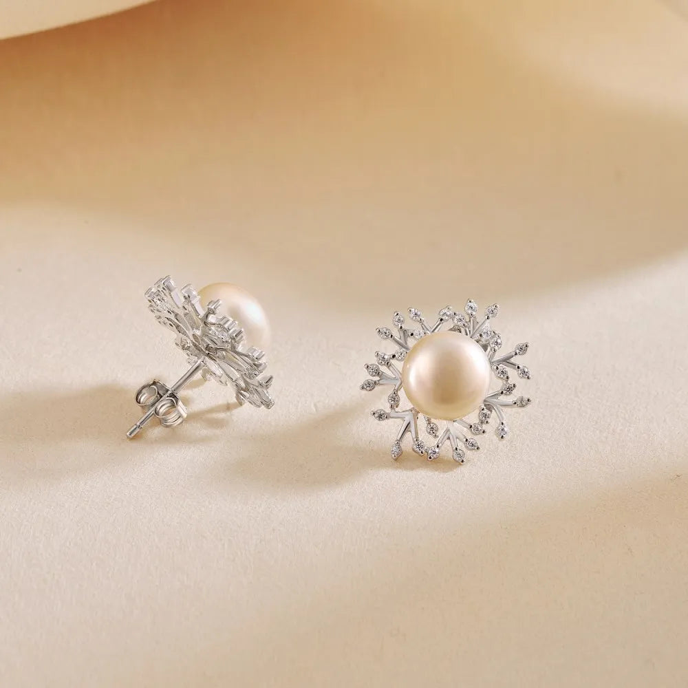 Silver Pearl Snowflake Ear Studs