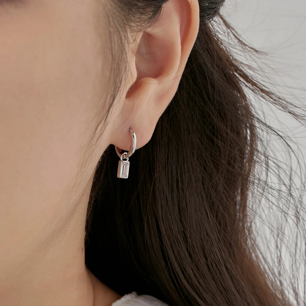 Silver Zircon Baguette Cut Drop Huggie Earrings