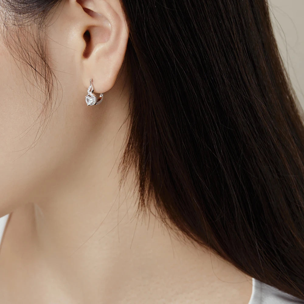 Silver Zircon Heart Cut Twisted Huggie Earrings
