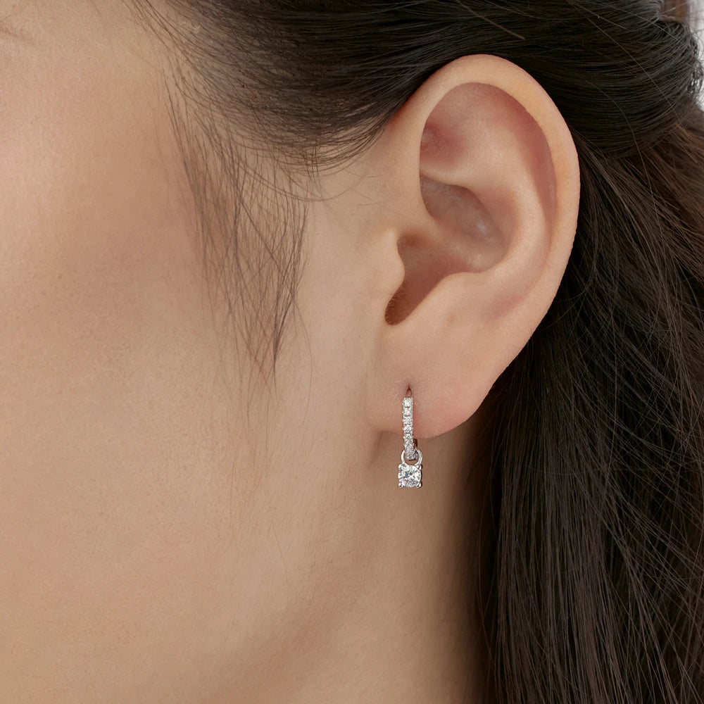 Silver Zircon Round Cut Drop Ear Hoops