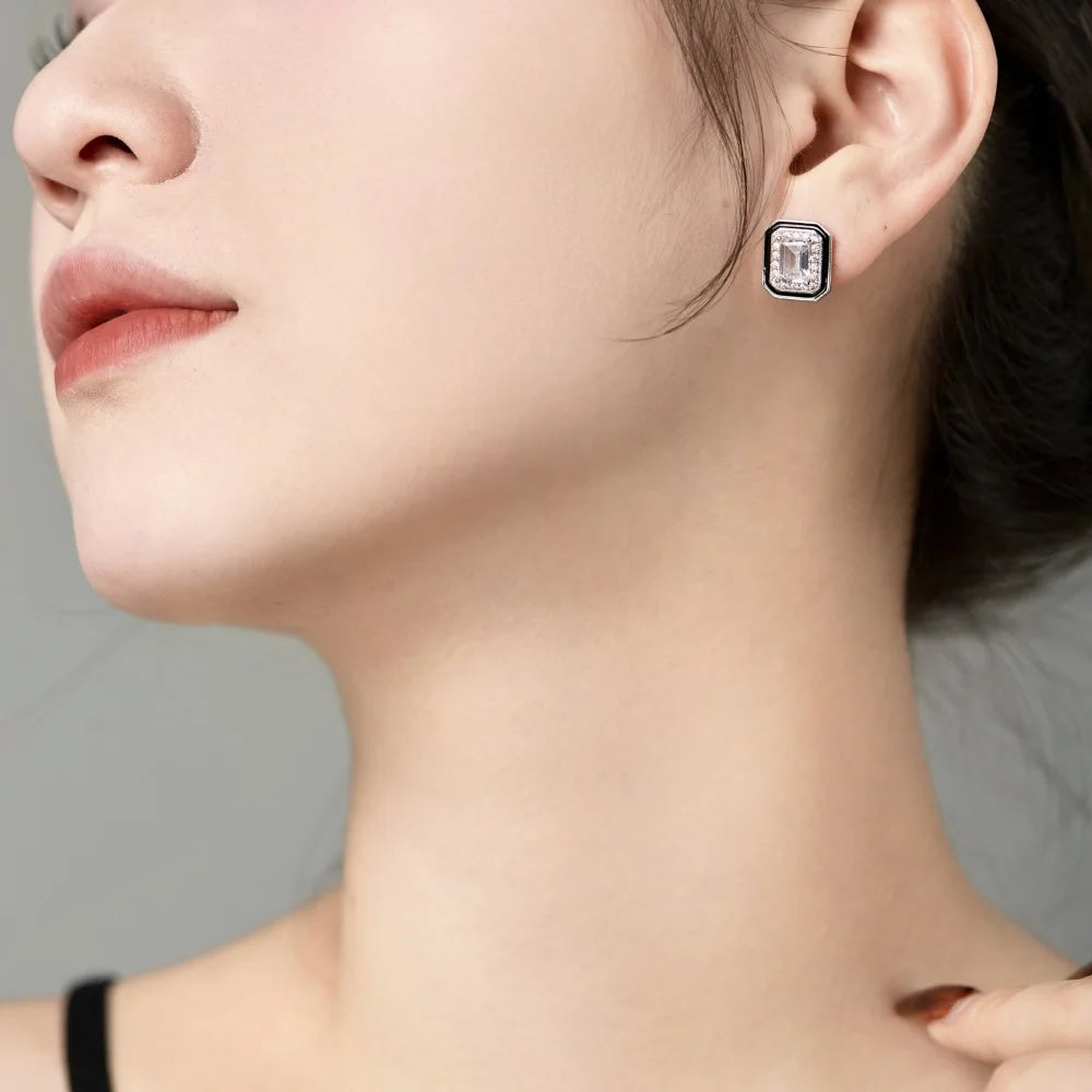 Silver Zircon Emerald Cut Halo Frame Ear Studs