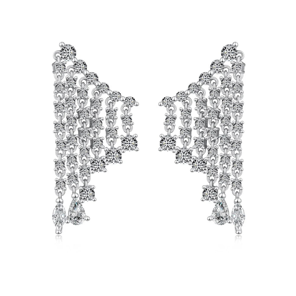 Silver Zircon Pear Cut Multi Layer Tassel Drop Earrings