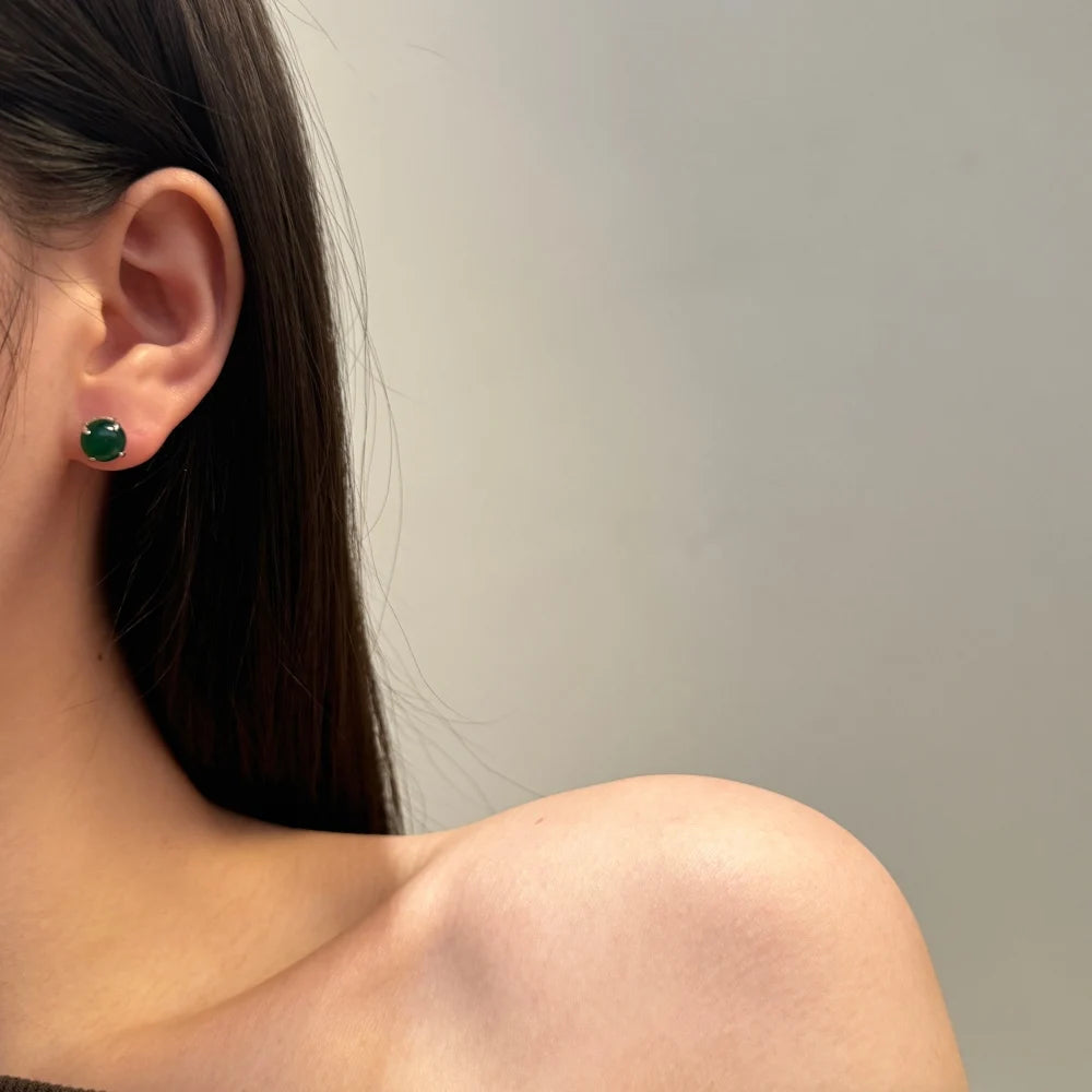 Silver Chalcedony Round Cut Simple Ear Studs