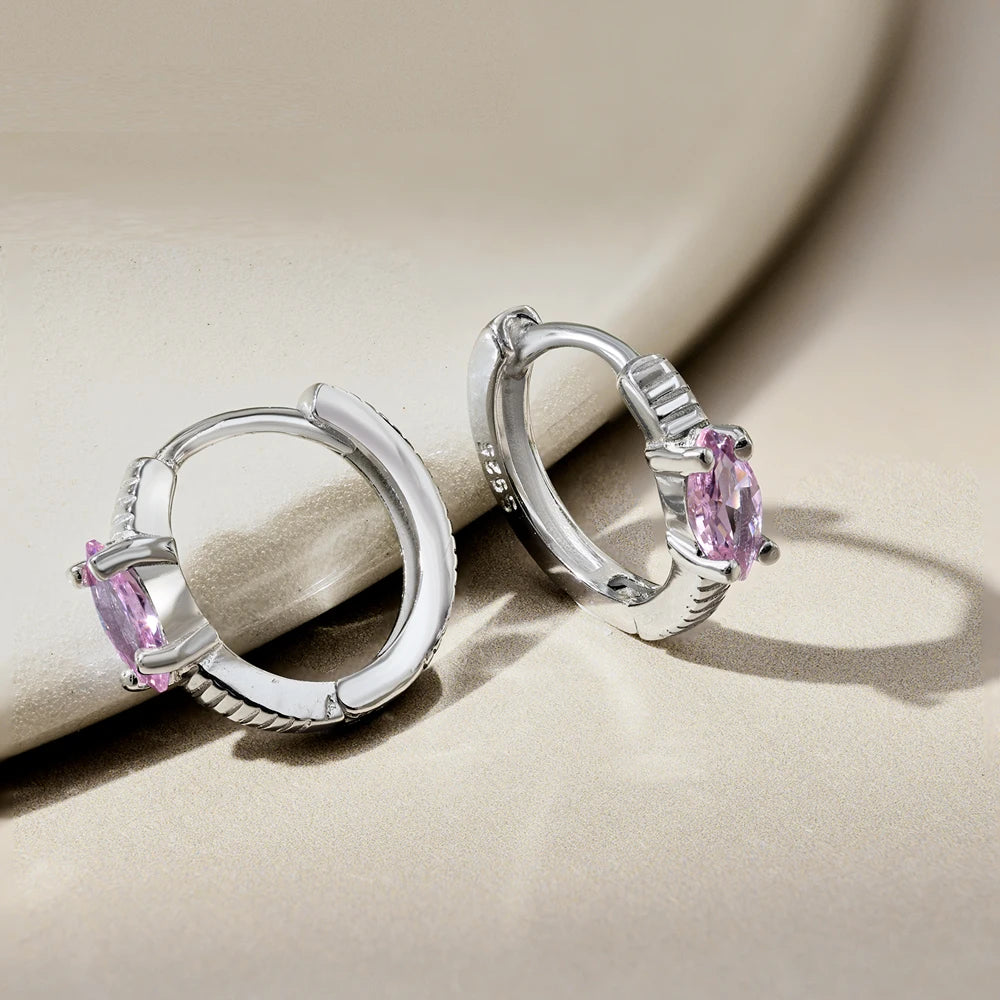 Silver Zircon Marquise Cut Brushed Huggie Earrings