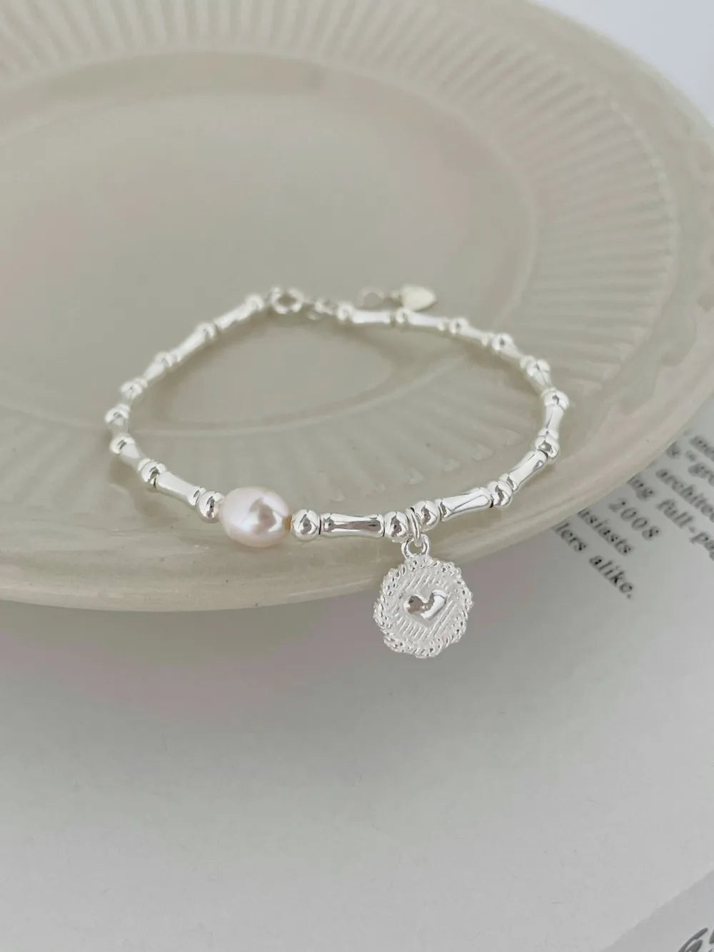 Silver Bamboo Beaded Bracelet