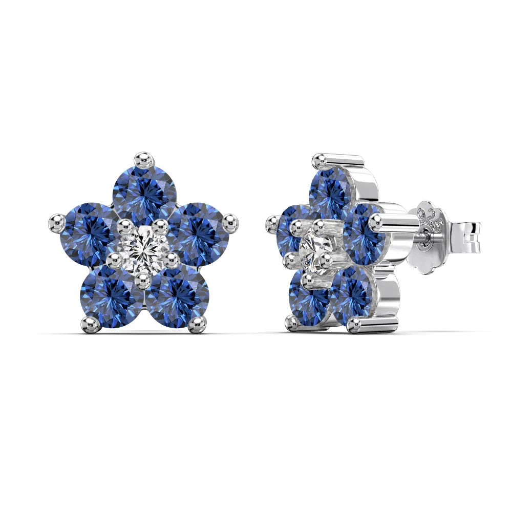 Silver Zircon Round Cut Iced Flower Ear Studs