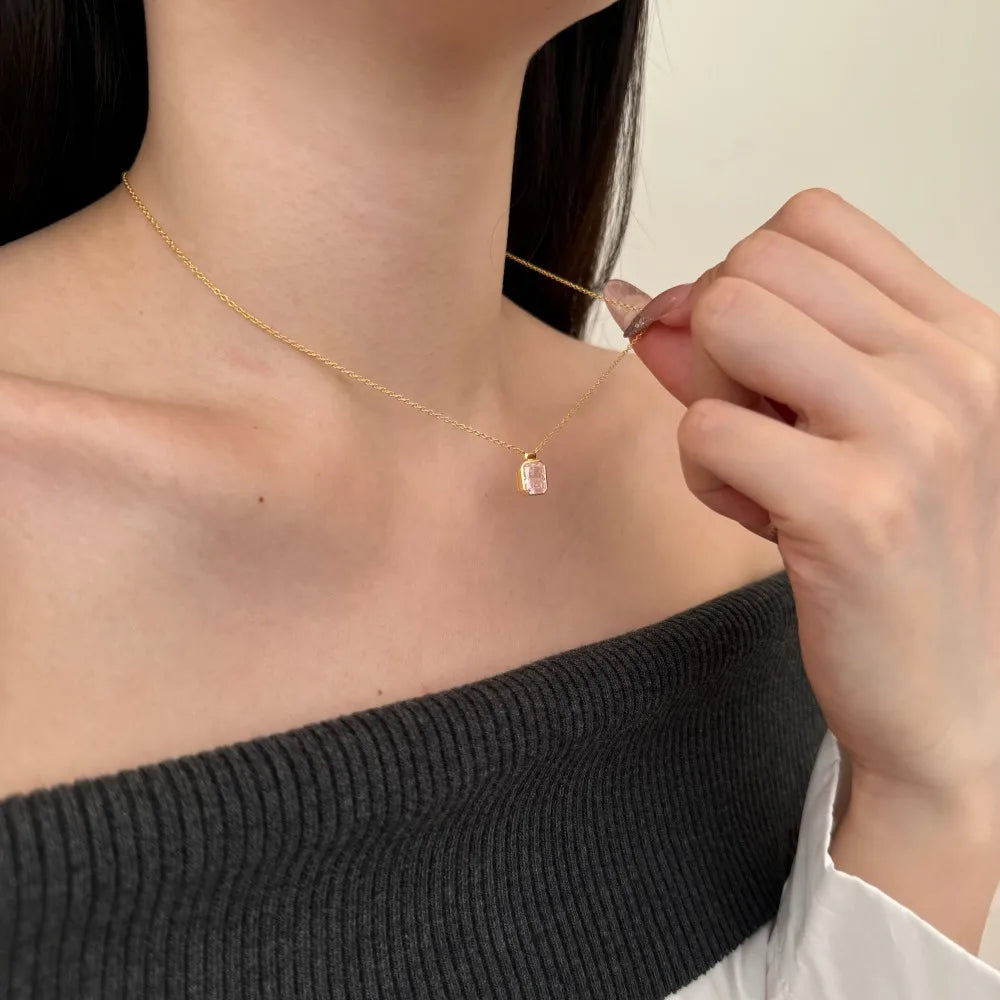 Silver Zircon Radiant Cut Framed Pendant Necklace