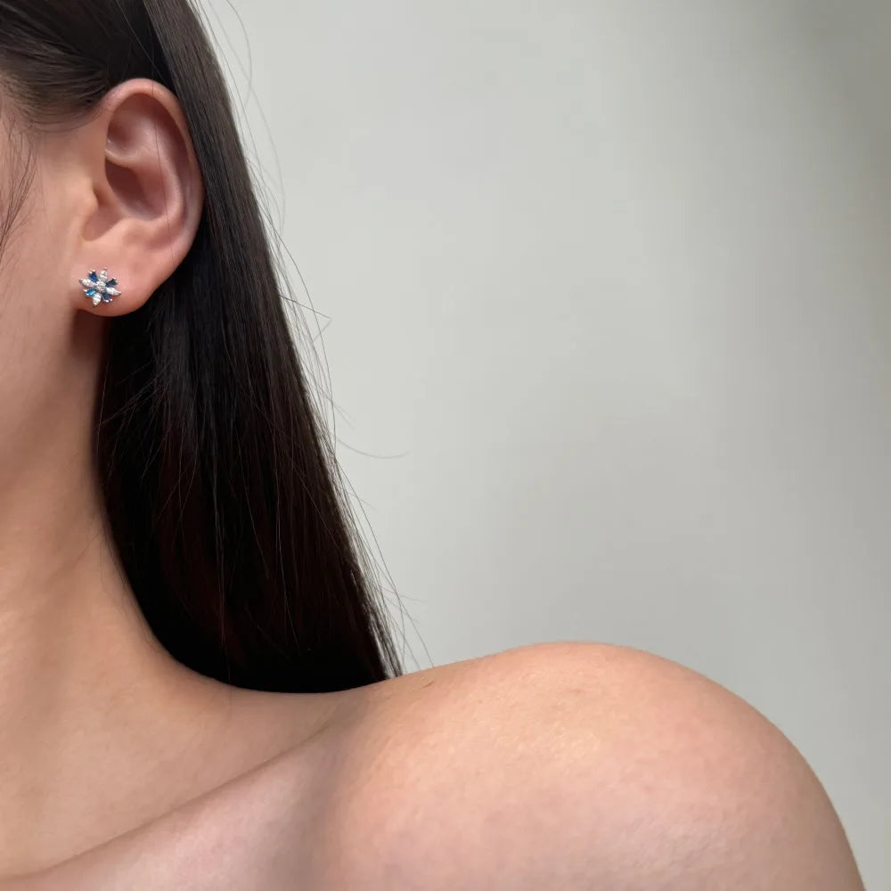 Silver Zircon Tapered Baguette Cut Snowflake Ear Studs