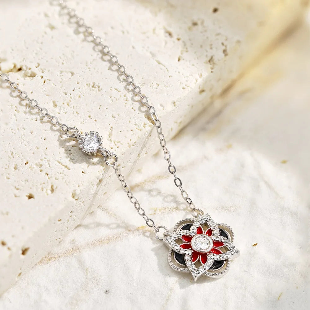 Silver Zircon Round Cut Clover Flower Pendant Necklace