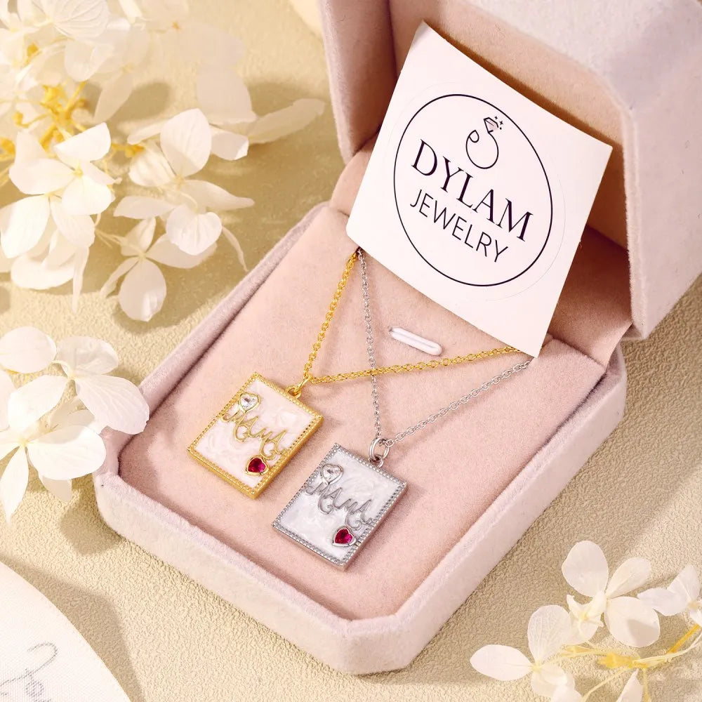 Silver Zircon Heart Cut Mama Pendant Necklace