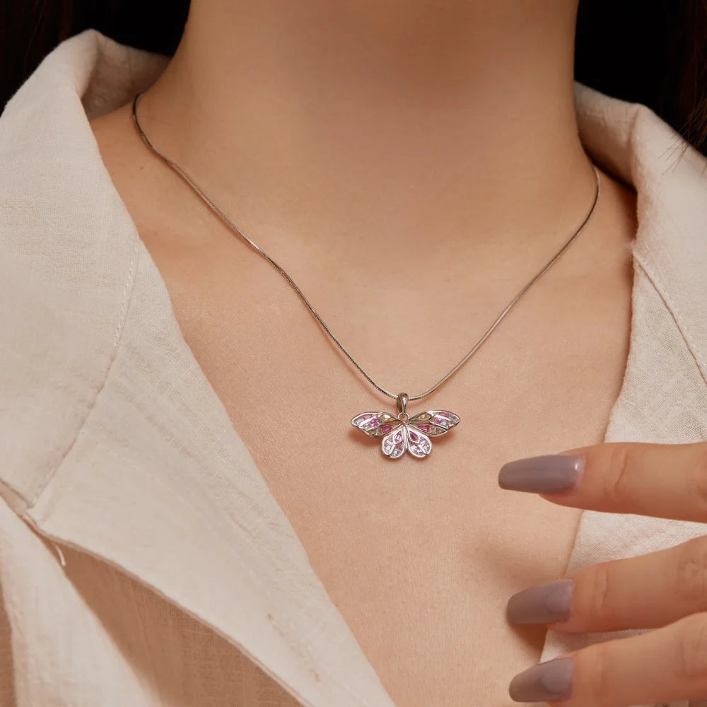 Silver Zircon Baguette Cut Butterfly Pendant Necklace