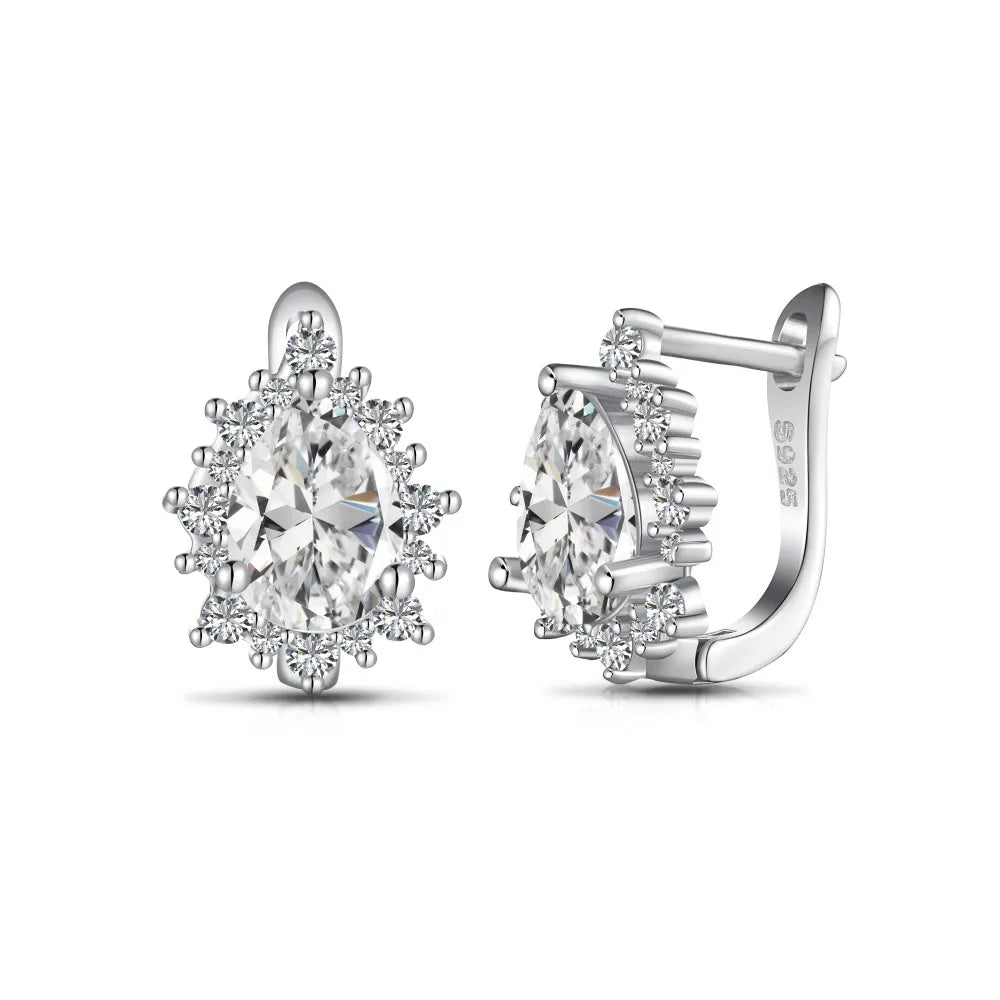 Silver Zircon Pear Cut Halo Water Drop Huggie Earrings