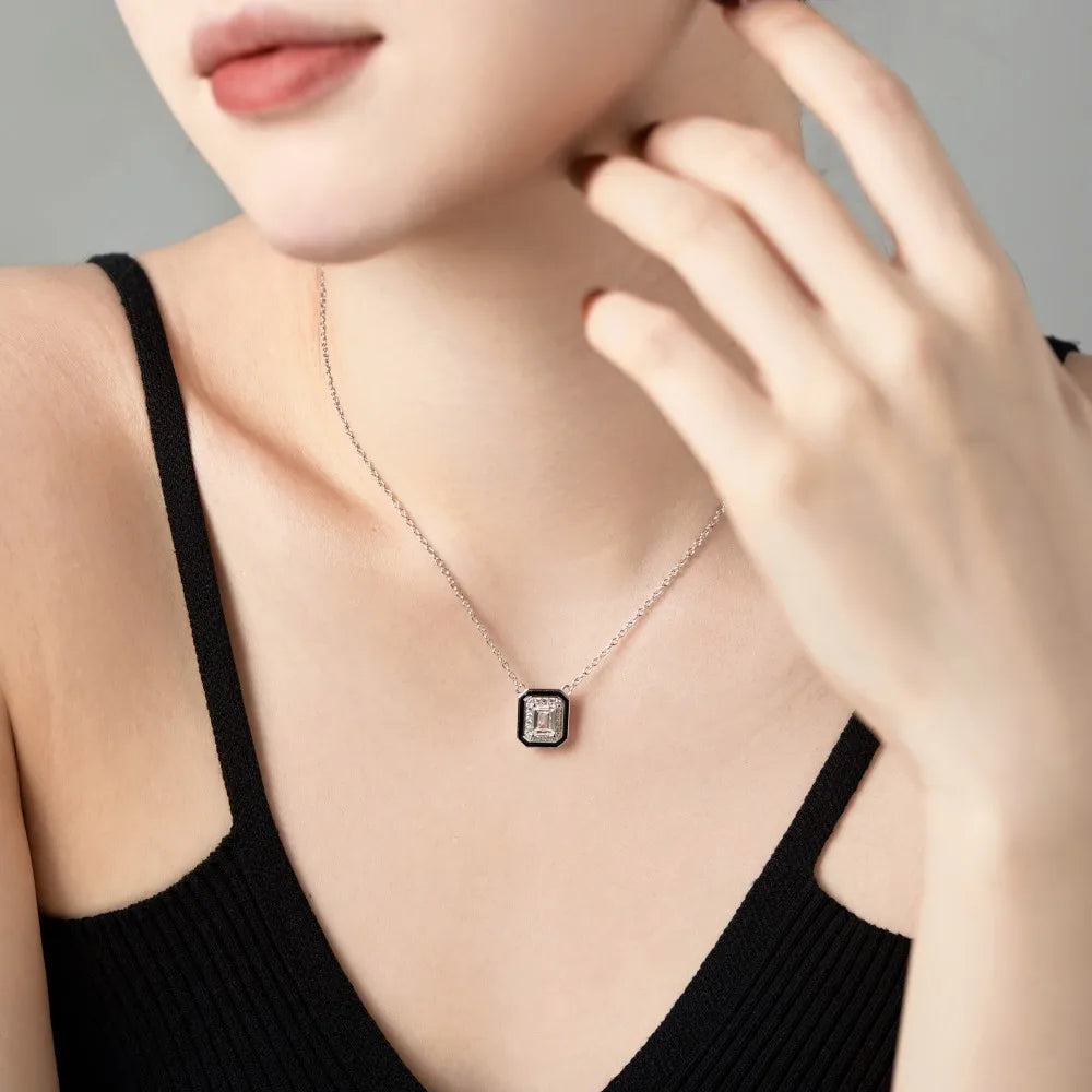 Silver Zircon Emerald Cut Frame Pendant Necklace