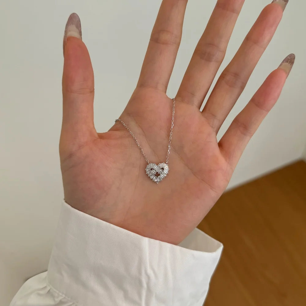 Silver Zircon Baguette Cut Iced Heart Pendant Necklace