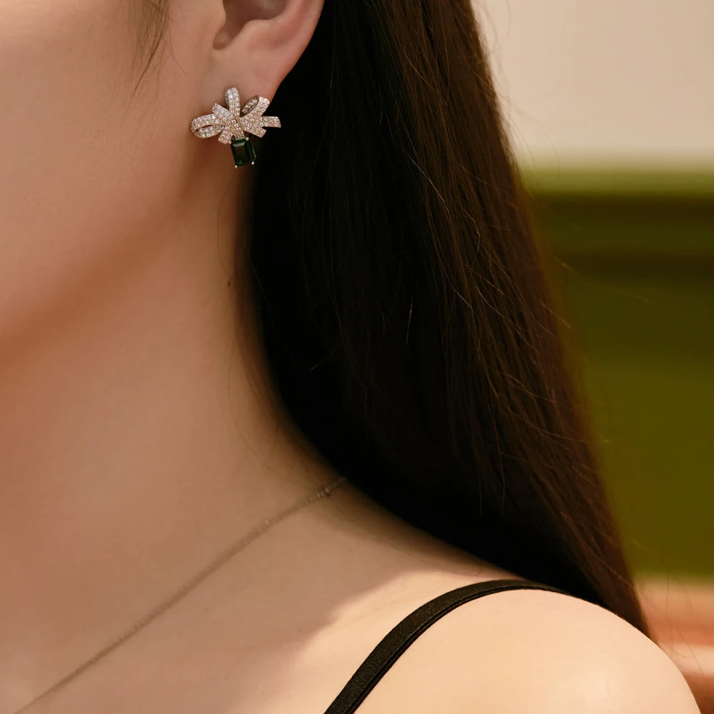 Silver Zircon Emerald Cut Tassel Bow Knot Ear Studs