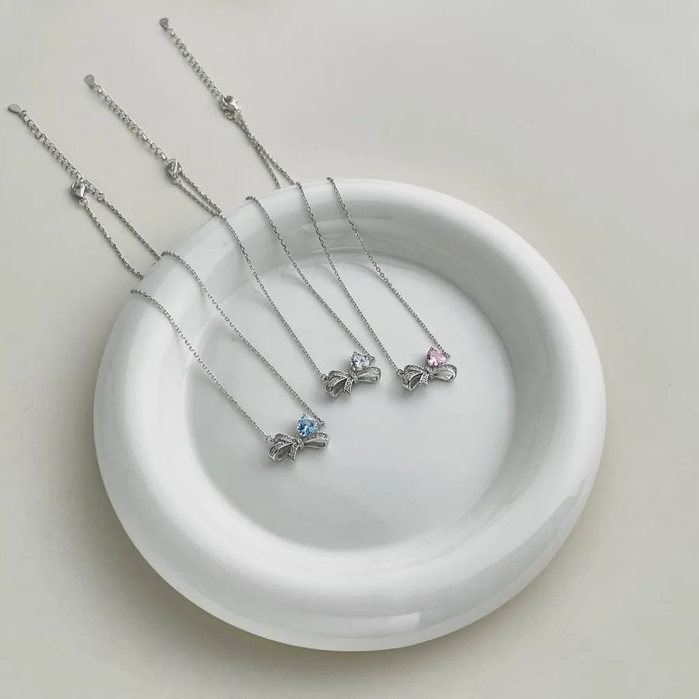 Silver Zircon Heart Cut Bow Knot Pendant Necklace
