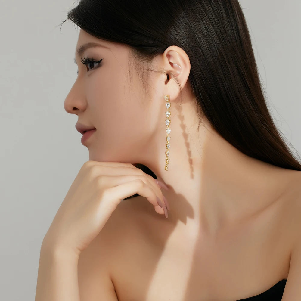 Silver Zircon Pear Cut Long Tear Tassel Drop Earrings
