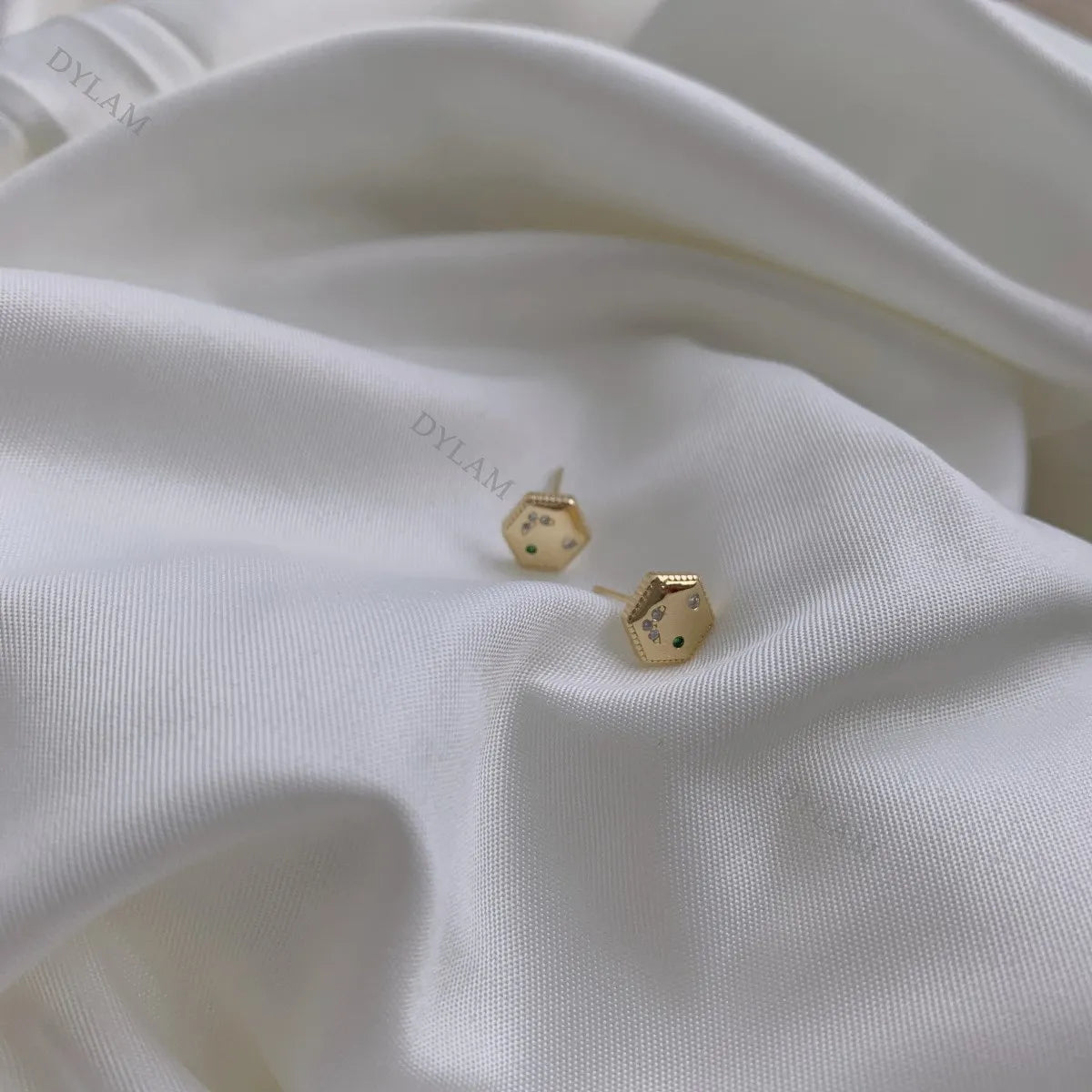 Silver Zircon Round Cut Hexagon Ear Studs