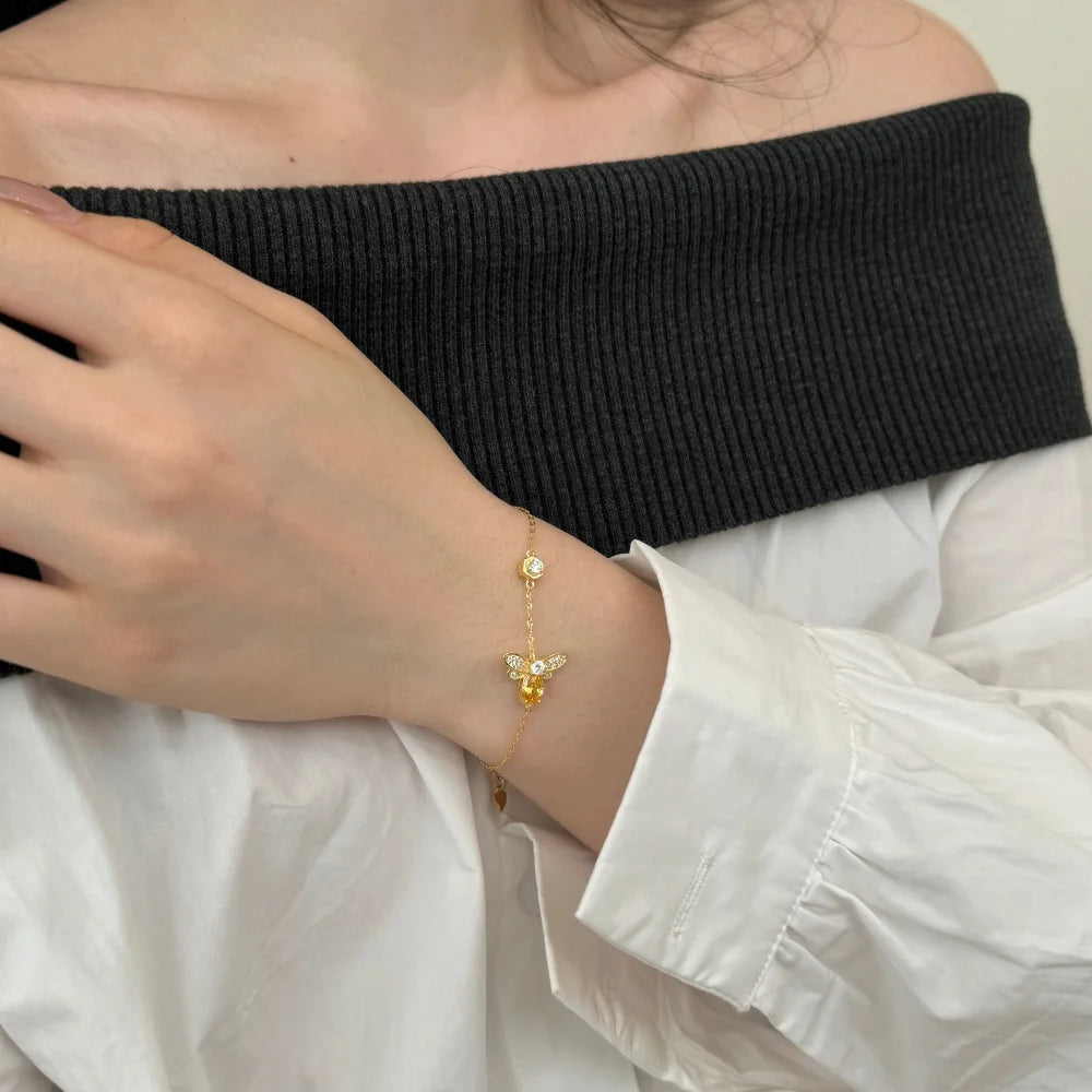 Silver Zircon Round Cut Bee Chain Bracelet