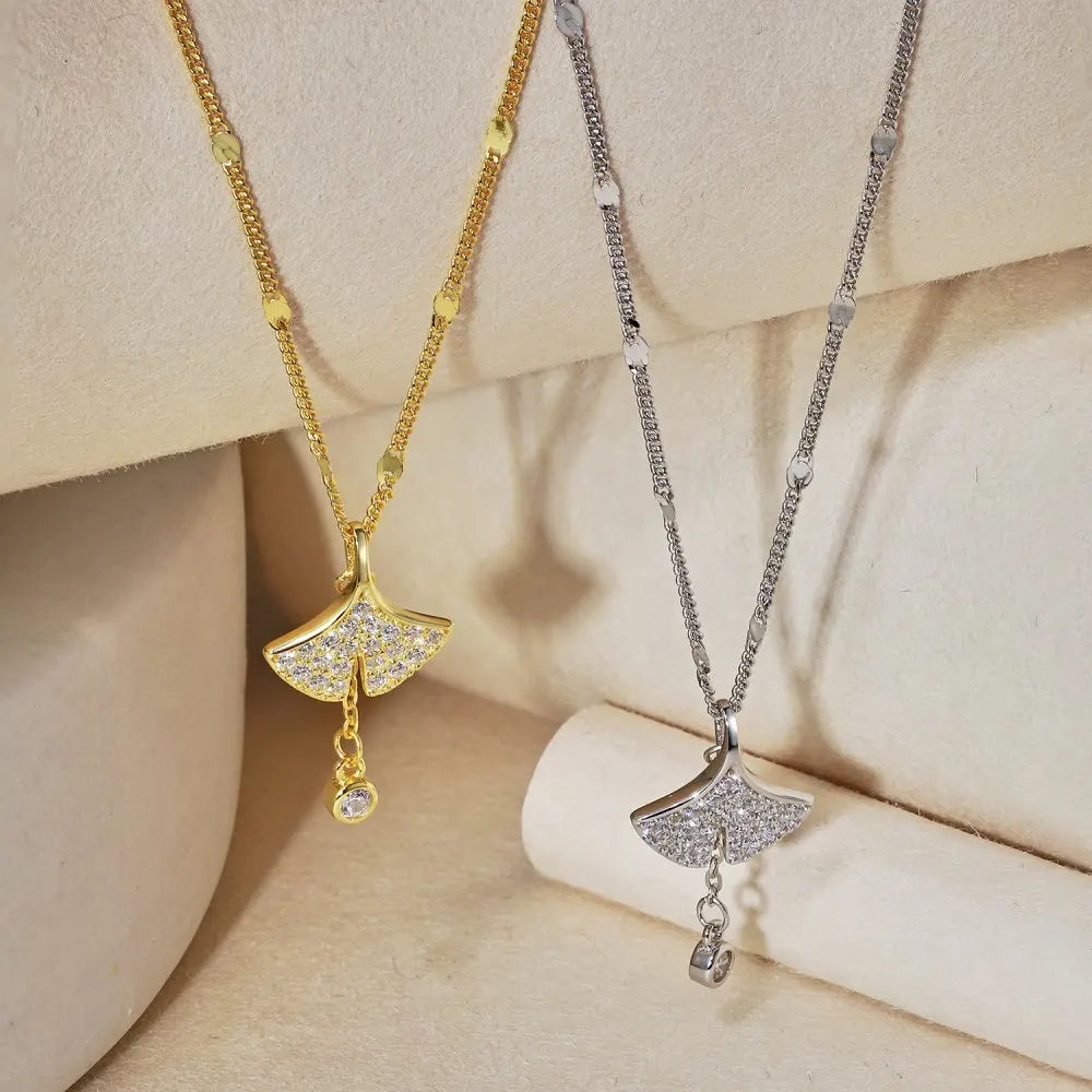 Silver Zircon Round Cut Ginkgo Leaf Pendant Necklace