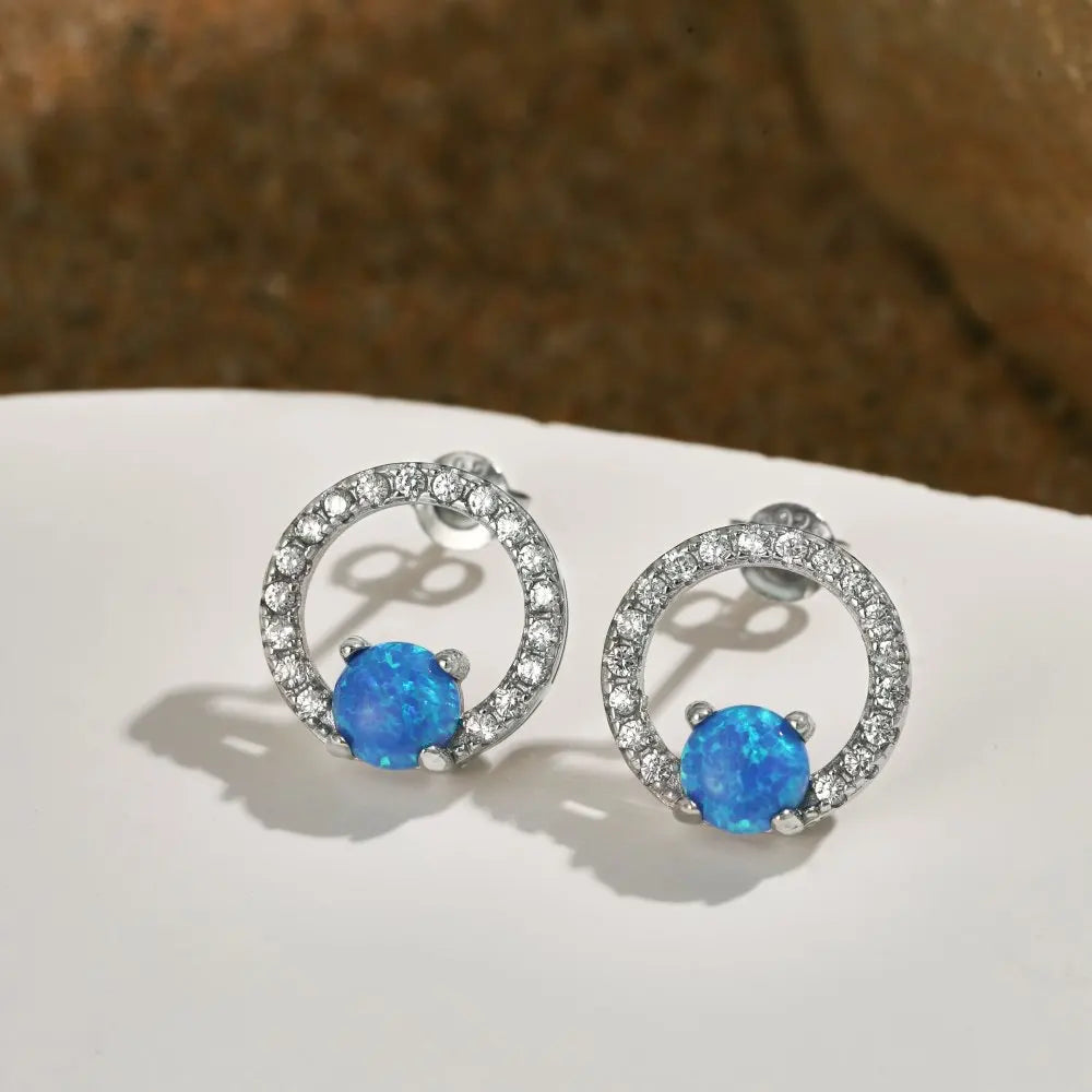 Silver Opal Round Cut Halo Disc Ear Studs