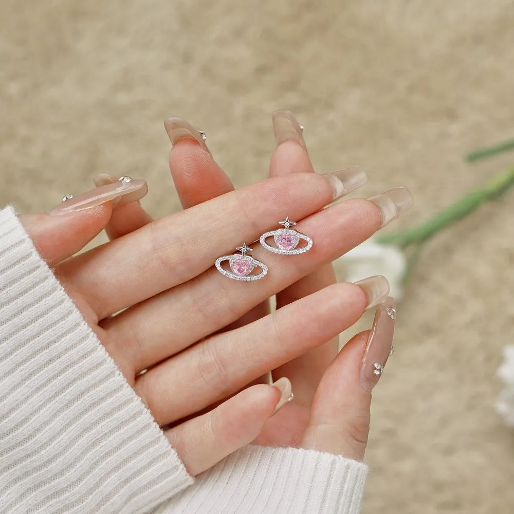 Silver Zircon Heart Cut Planet Ear Studs