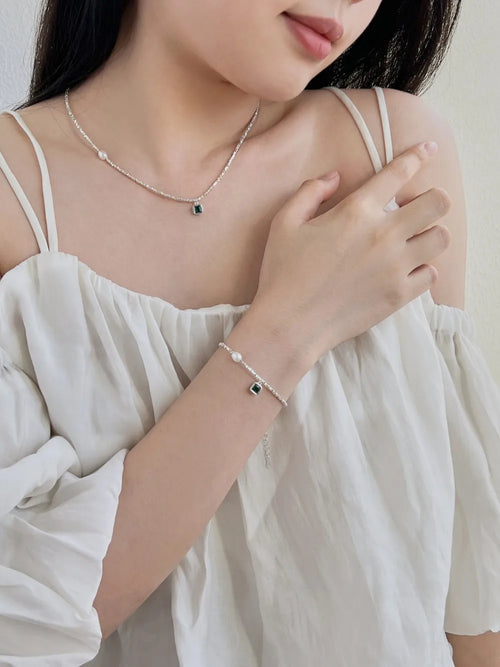 Silver Zircon Princess Cut Multi Layer Charm Beaded Bracelet